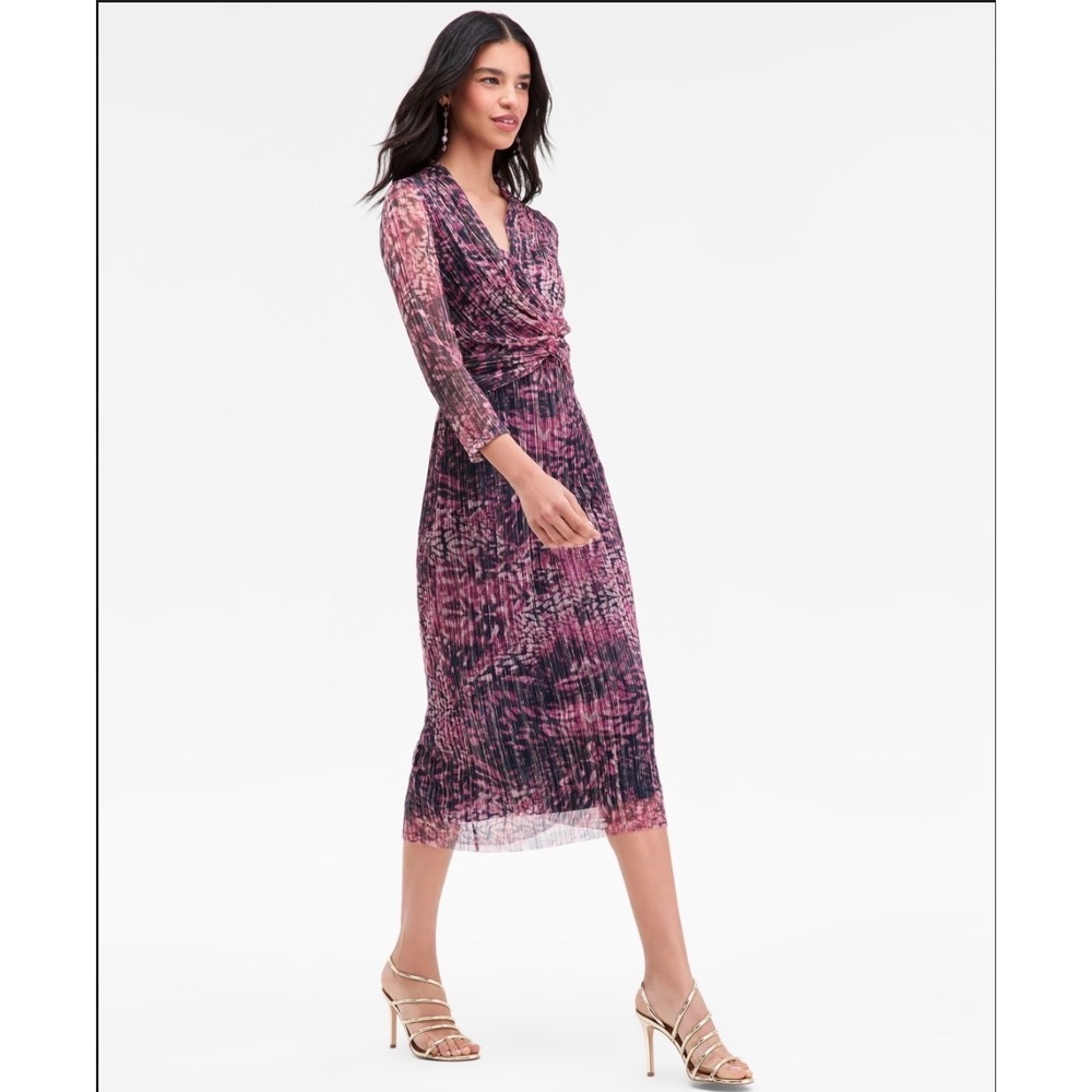 Anne Klein Lotus Pink Multi Pleated Metallic Faux Wrap Midi Dress 14 MSRP $149